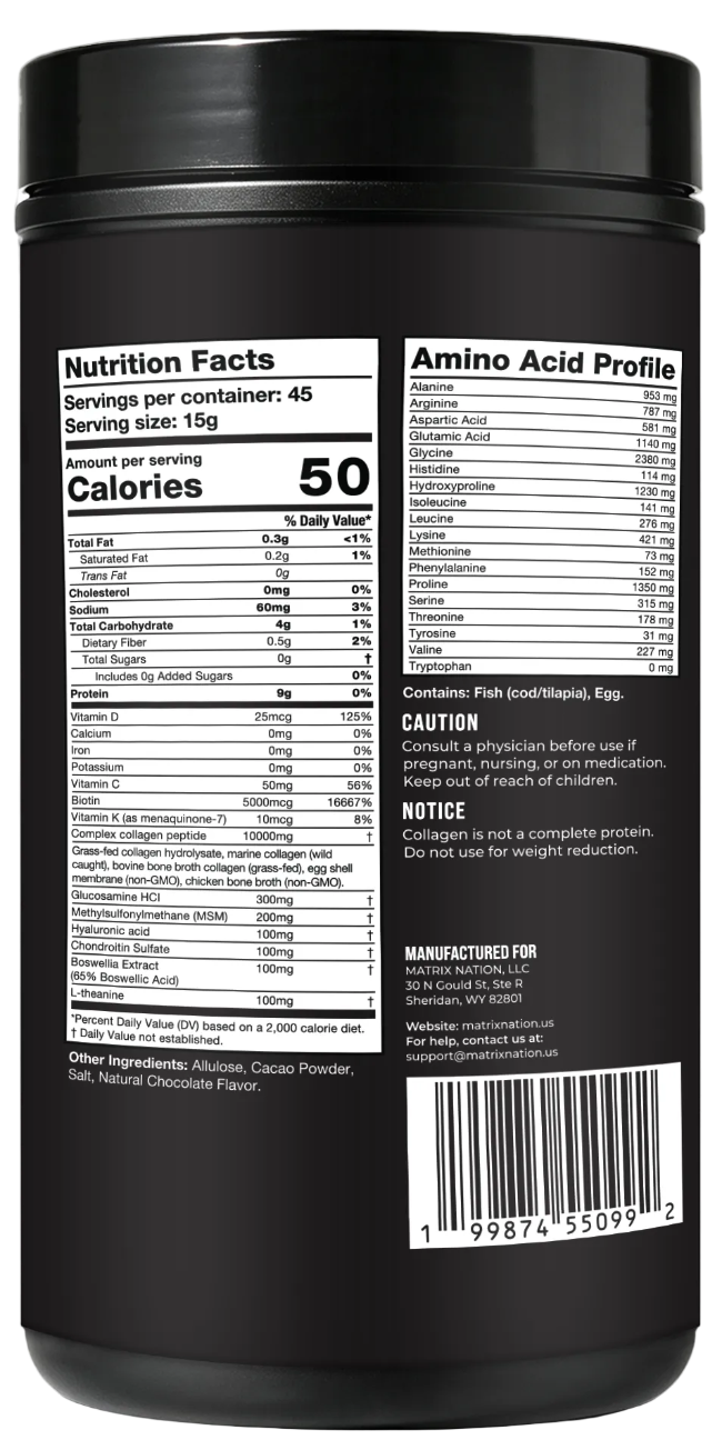 Matrix Nation Multi Collagen Protein Peptides Powder 5 Types, Grass-Fed & Finished - Wild Caught, Non-GMO - Hair, Skin & Advanced Joint Support with MSM, Boswellia, Vitamins - 45 Servings